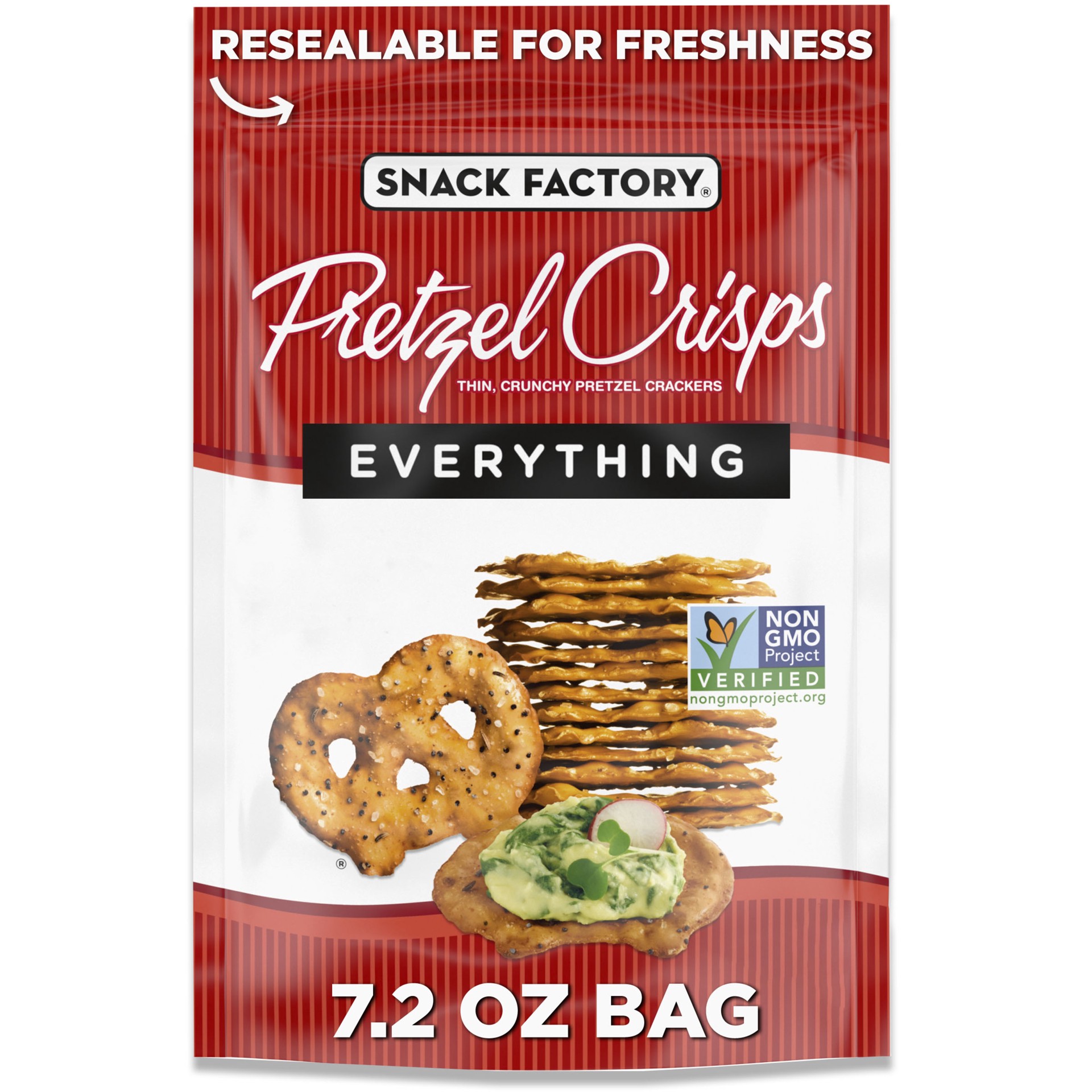slide 1 of 5, Snack Factory Everything Pretzel Crisps, Non-GMO, 7.2 OZ Resealable Bag, 7.2 oz