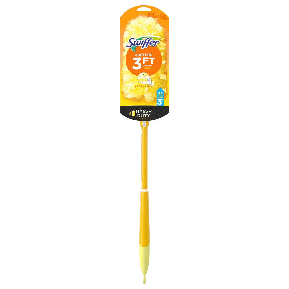 slide 1 of 3, Swiffer Dusters with Extension Pole, Cleaning Kit includes 3ft Extendable Handle + 3 Duster Refills, 3 ct