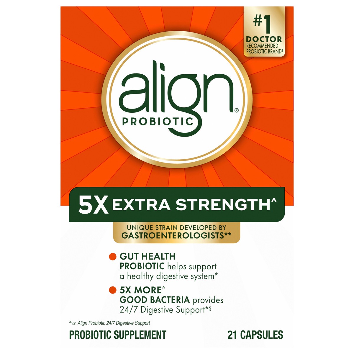 slide 1 of 2, Align Extra Strength, Probiotics for Women and Men, #1 Doctor Recommended Brand‡, 5X More Good Bacteria^ to Help Support a Healthy Digestive System*, 21 Capsules, 21 ct