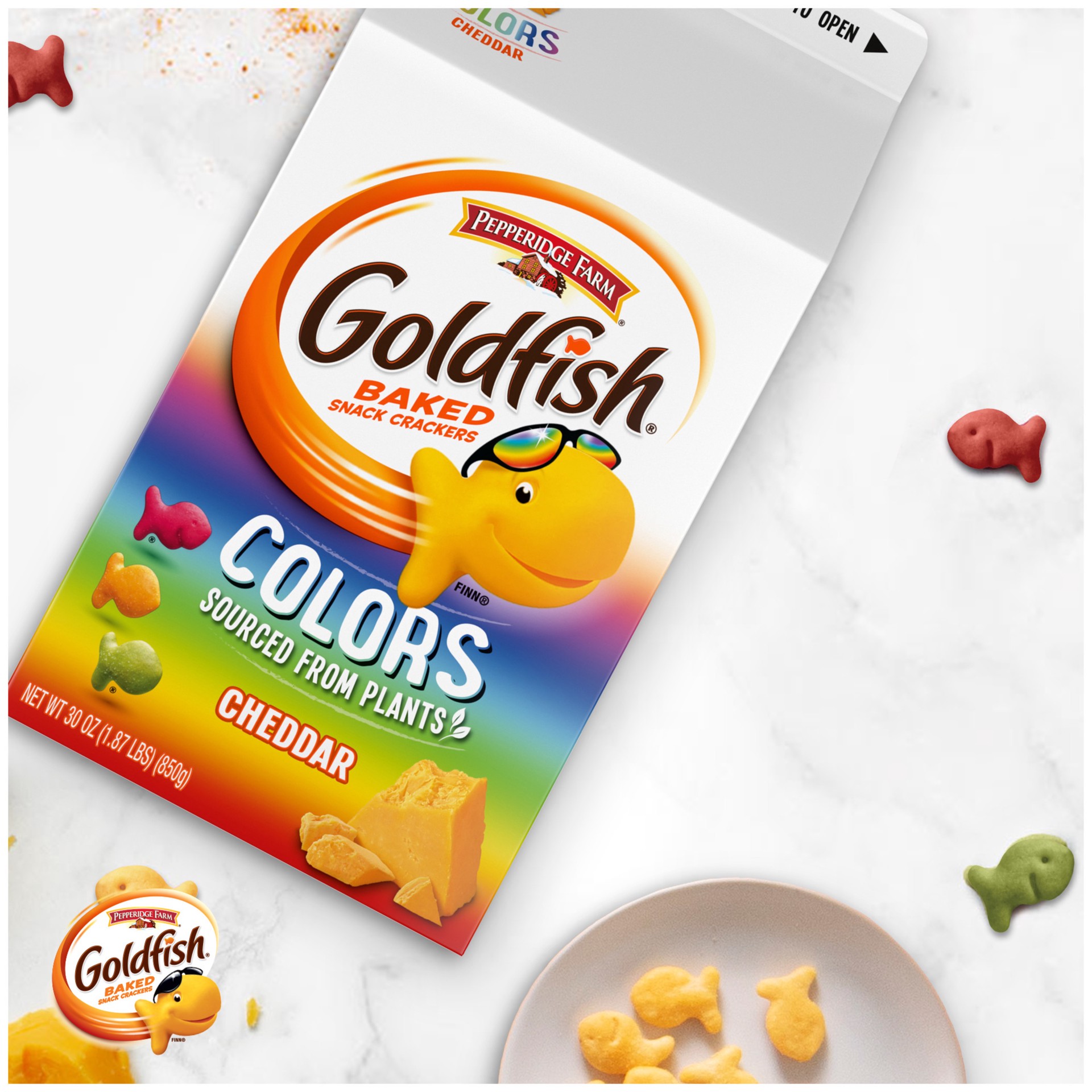 slide 7 of 9, Pepperidge Farm Goldfish Colors Cheddar Cheese Crackers, 30 oz Carton, 30 oz