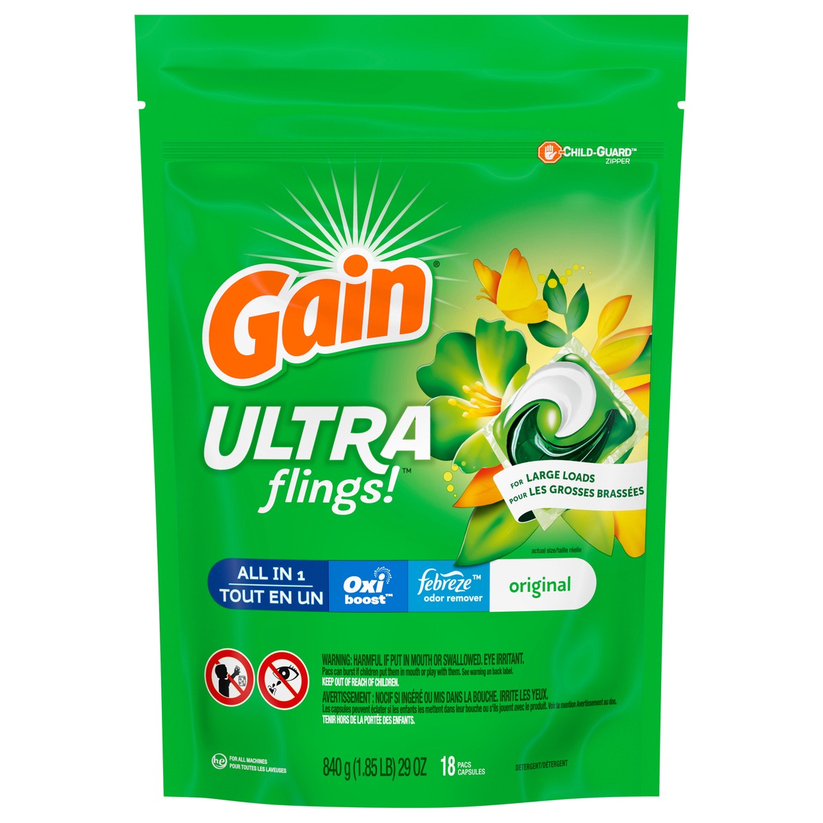 slide 2 of 7, Gain Ultra Flings Liquid Laundry Detergent Pacs Designed for Large Loads, Original Scent, 18 count, 18 ct