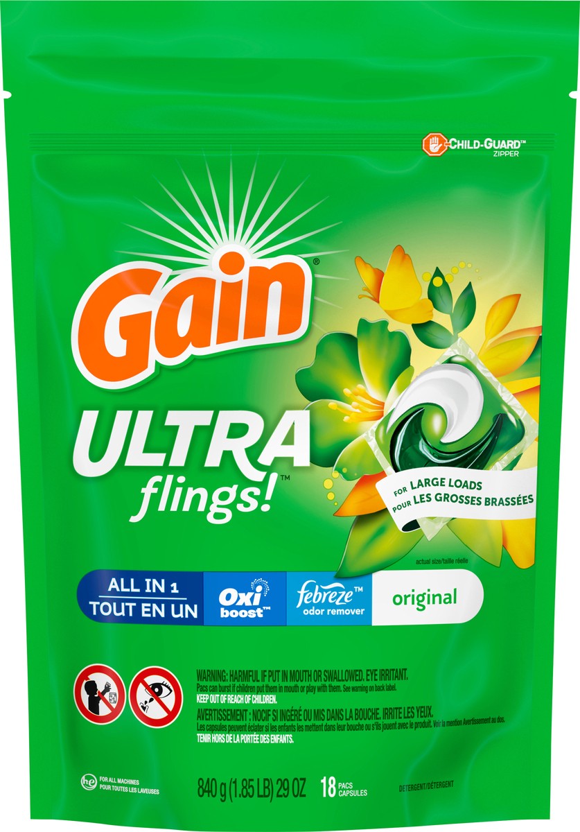 slide 6 of 7, Gain Ultra Flings Liquid Laundry Detergent Pacs Designed for Large Loads, Original Scent, 18 count, 18 ct