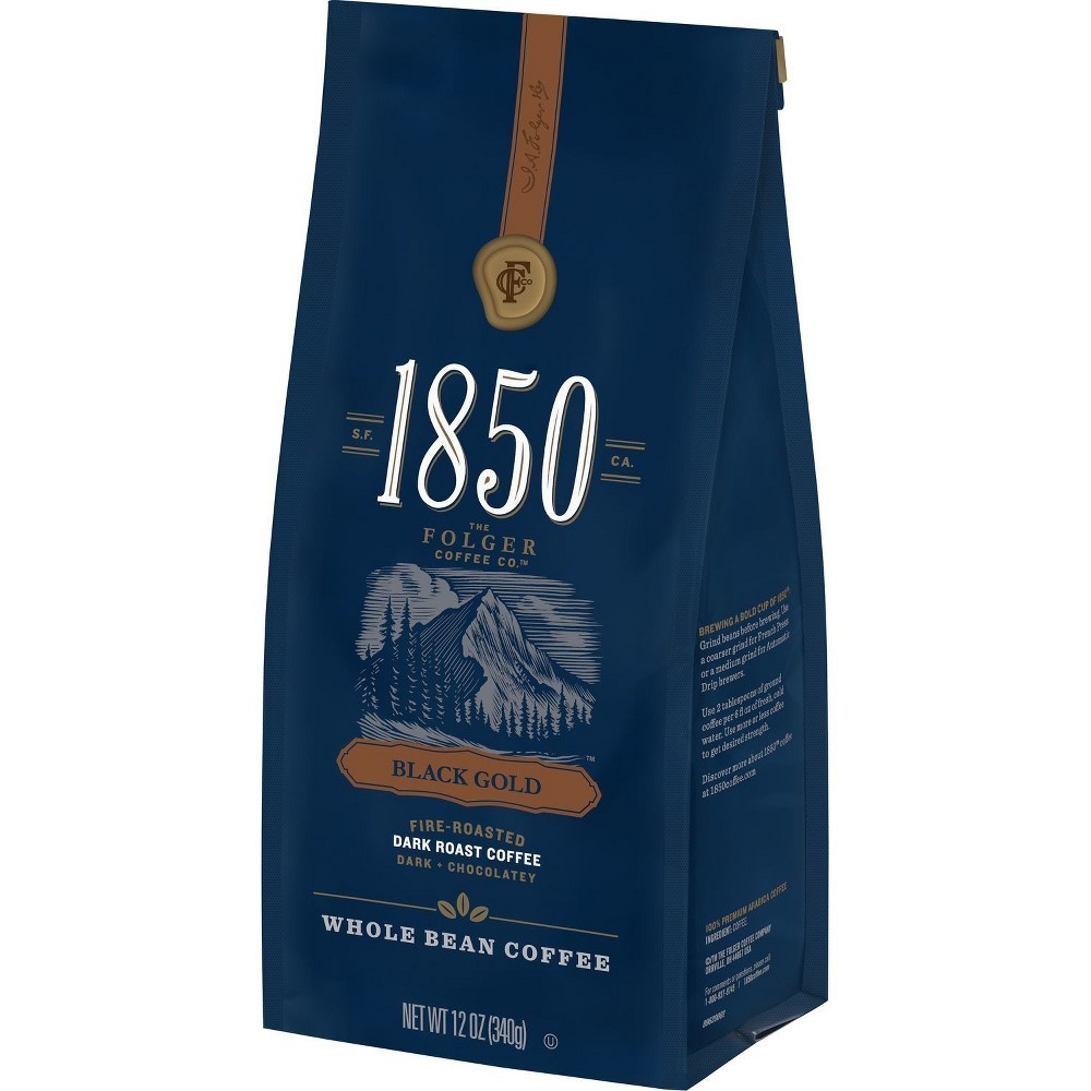 slide 3 of 3, Folgers 1850 Black Gold Dark Whole Bean Coffee, 12 oz