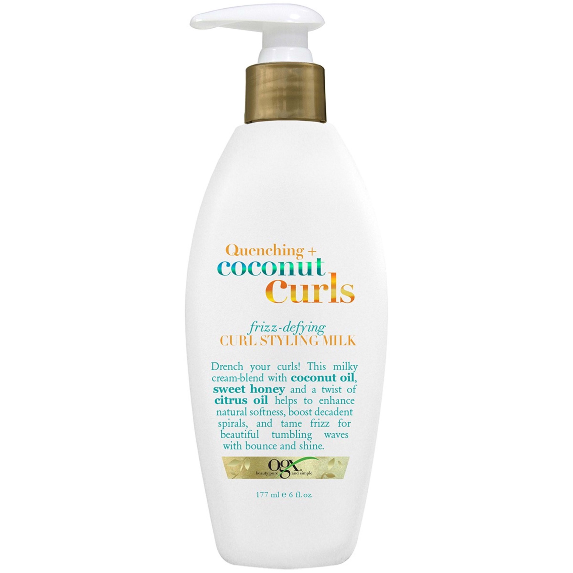 slide 4 of 7, OGX Quenching + Coconut Curls Frizz-Defying Curl Styling Milk, Nourishing Leave-In Hair Treatment with Coconut Oil, Citrus Oil & Honey, Paraben-Free and Sulfated-Surfactants Free, 6 Ounce, 177 ml