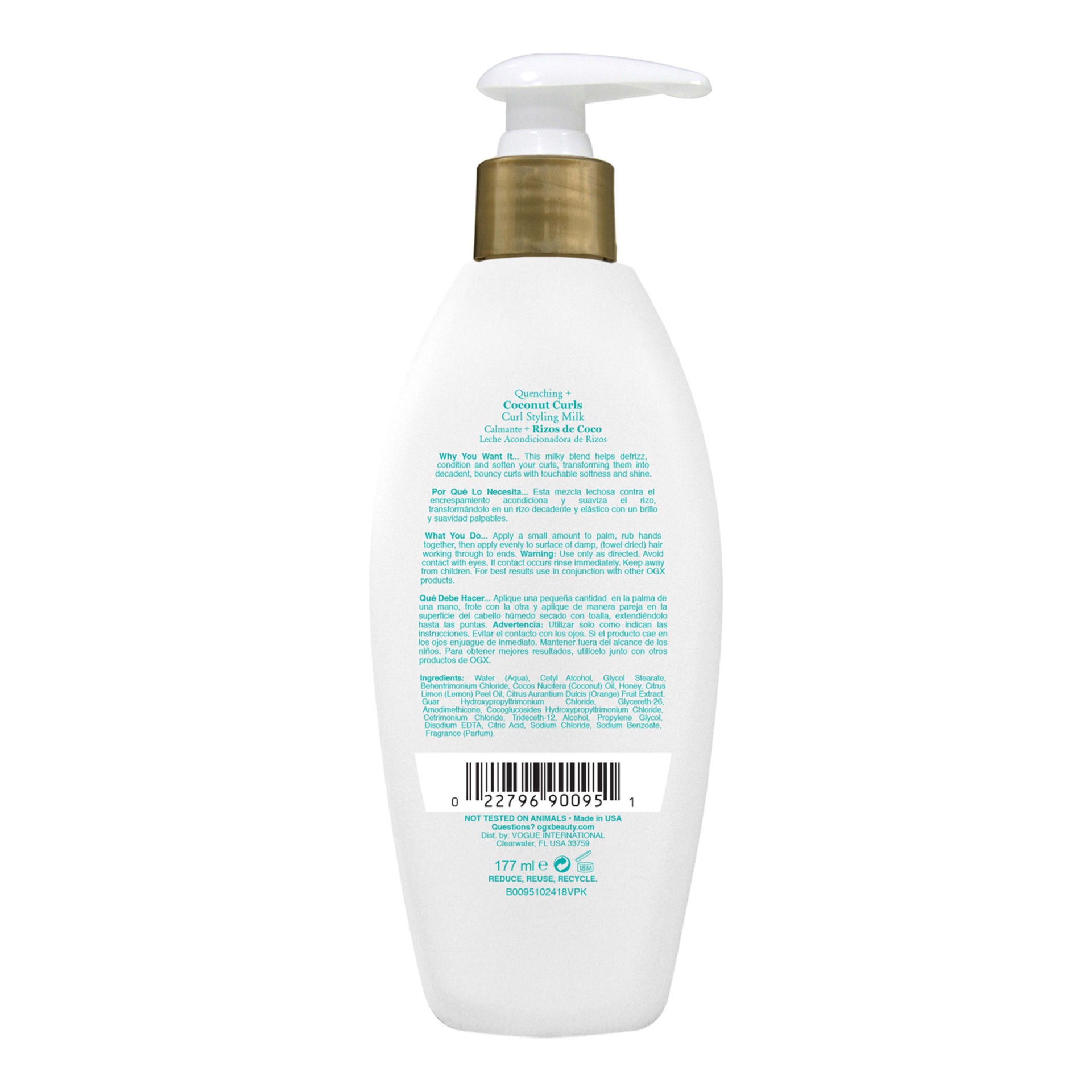 slide 5 of 7, OGX Quenching + Coconut Curls Frizz-Defying Curl Styling Milk, Nourishing Leave-In Hair Treatment with Coconut Oil, Citrus Oil & Honey, Paraben-Free and Sulfated-Surfactants Free, 6 Ounce, 177 ml