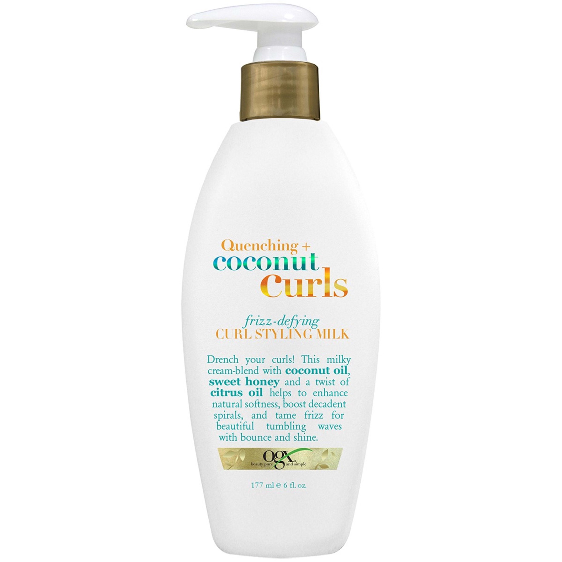 slide 1 of 7, OGX Quenching + Coconut Curls Frizz-Defying Curl Styling Milk, Nourishing Leave-In Hair Treatment with Coconut Oil, Citrus Oil & Honey, Paraben-Free and Sulfated-Surfactants Free, 6 Ounce, 177 ml