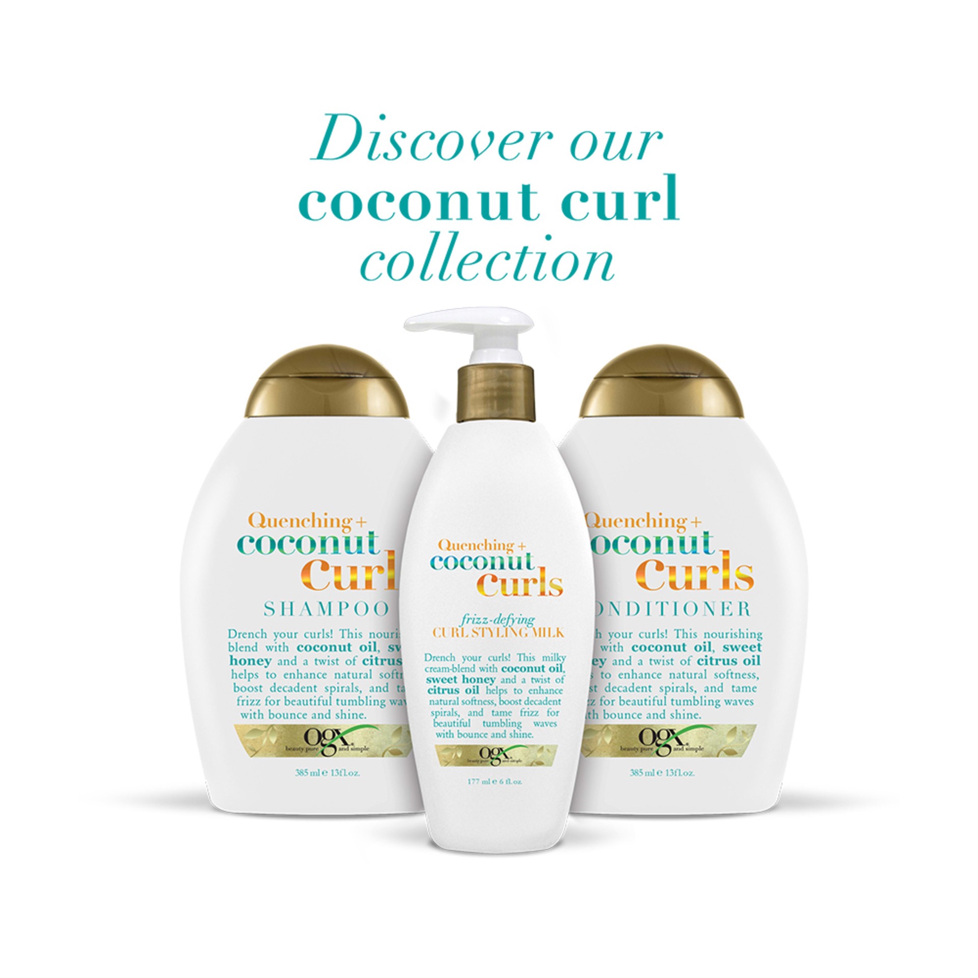 slide 6 of 7, OGX Quenching + Coconut Curls Frizz-Defying Curl Styling Milk, Nourishing Leave-In Hair Treatment with Coconut Oil, Citrus Oil & Honey, Paraben-Free and Sulfated-Surfactants Free, 6 Ounce, 177 ml