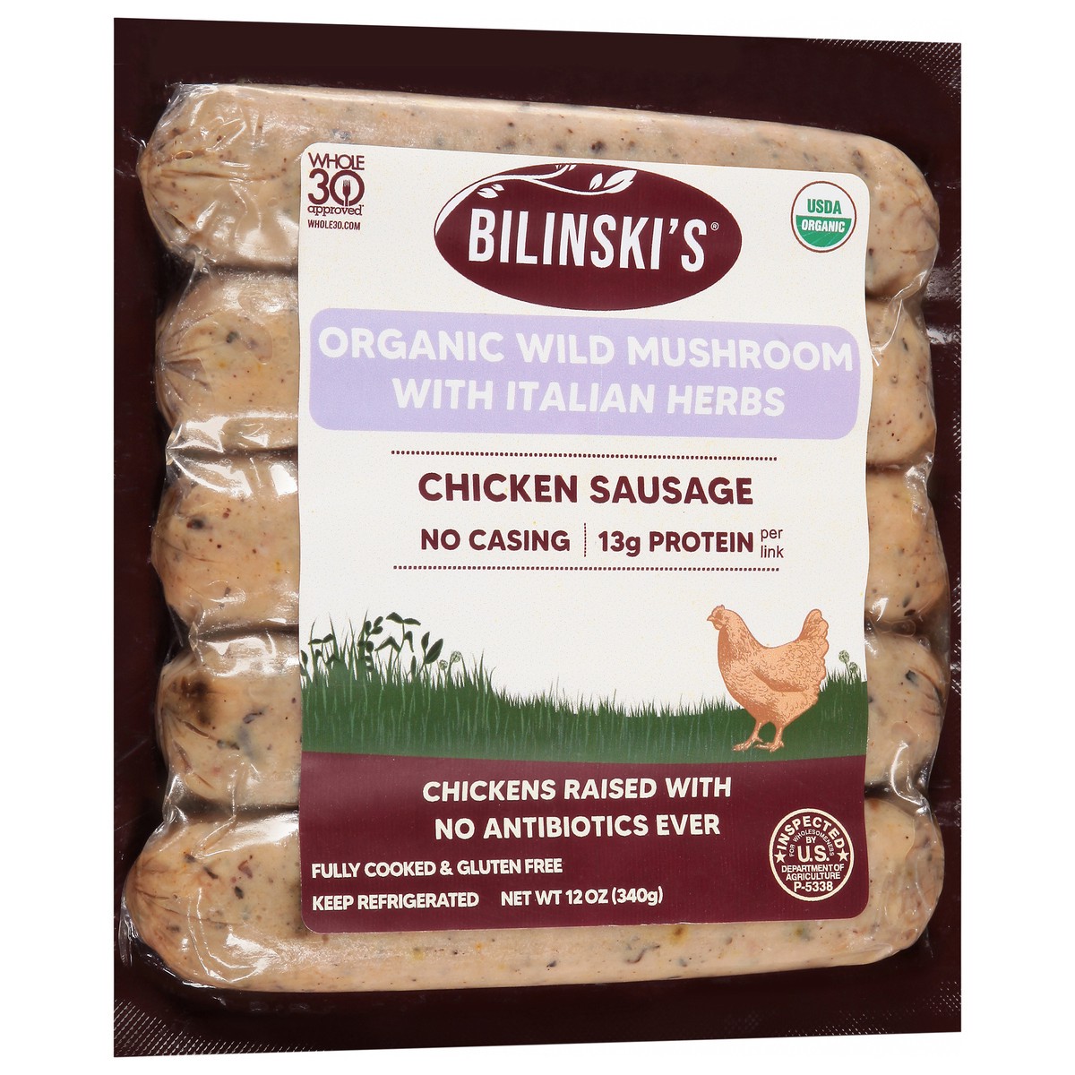 slide 2 of 9, Bilinski's Organic Wild Mushrooms With Italian Herbs Chicken Sausage, 12 oz