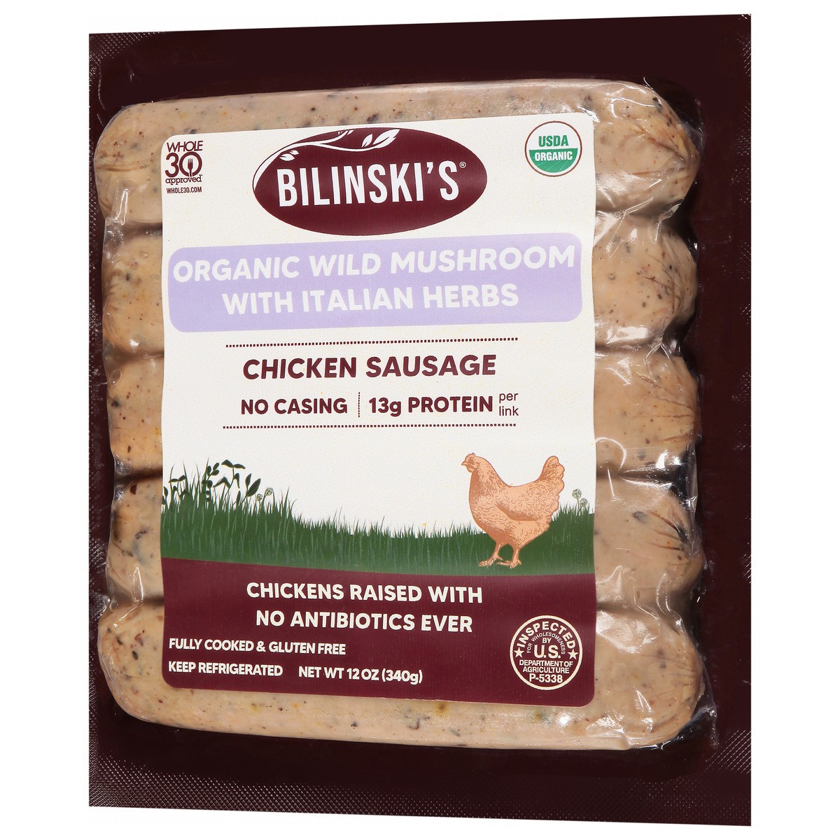 slide 3 of 9, Bilinski's Organic Wild Mushrooms With Italian Herbs Chicken Sausage, 12 oz