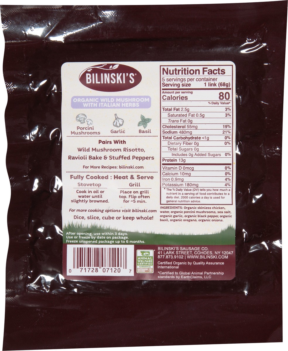 slide 5 of 9, Bilinski's Organic Wild Mushrooms With Italian Herbs Chicken Sausage, 12 oz