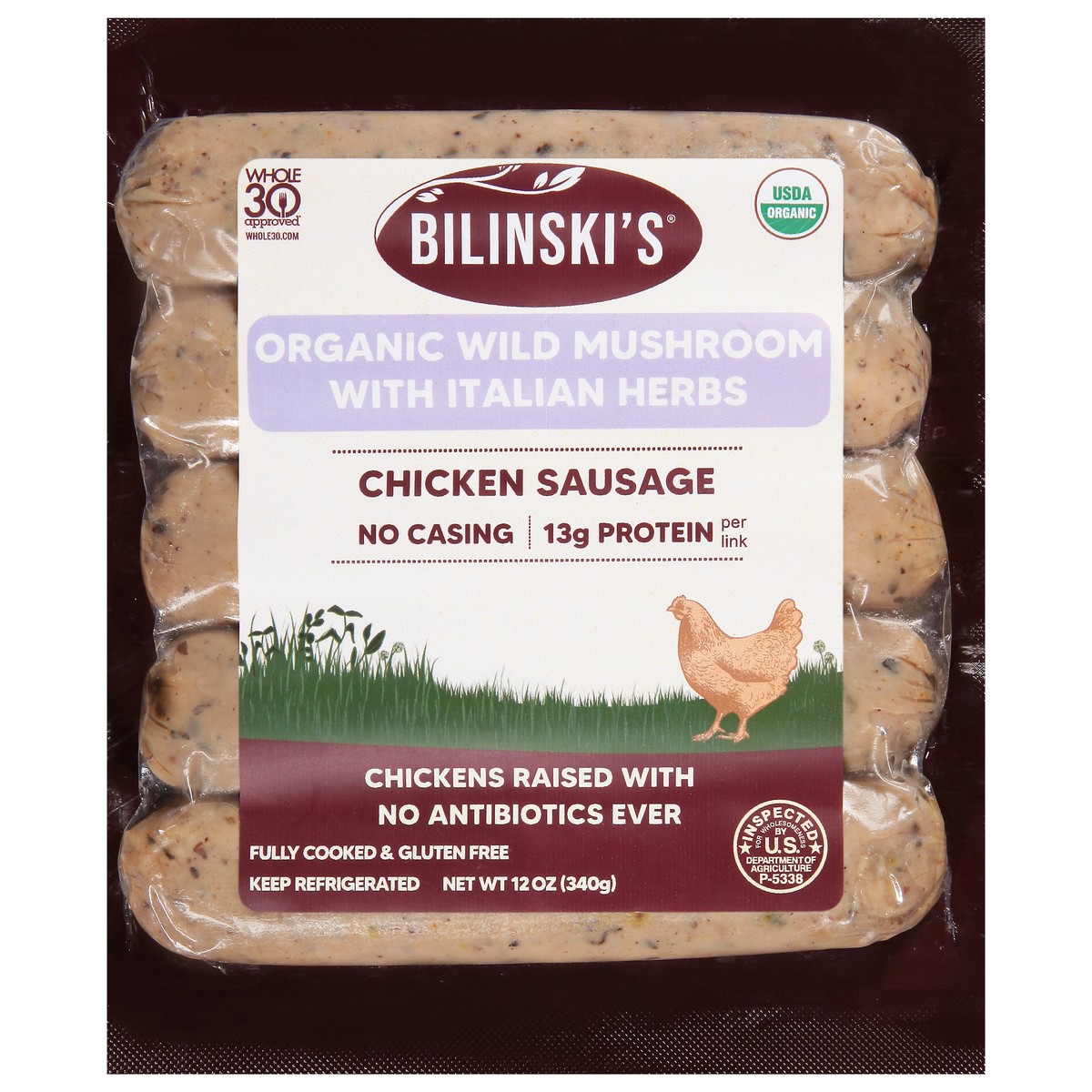 slide 1 of 9, Bilinski's Organic Wild Mushrooms With Italian Herbs Chicken Sausage, 12 oz