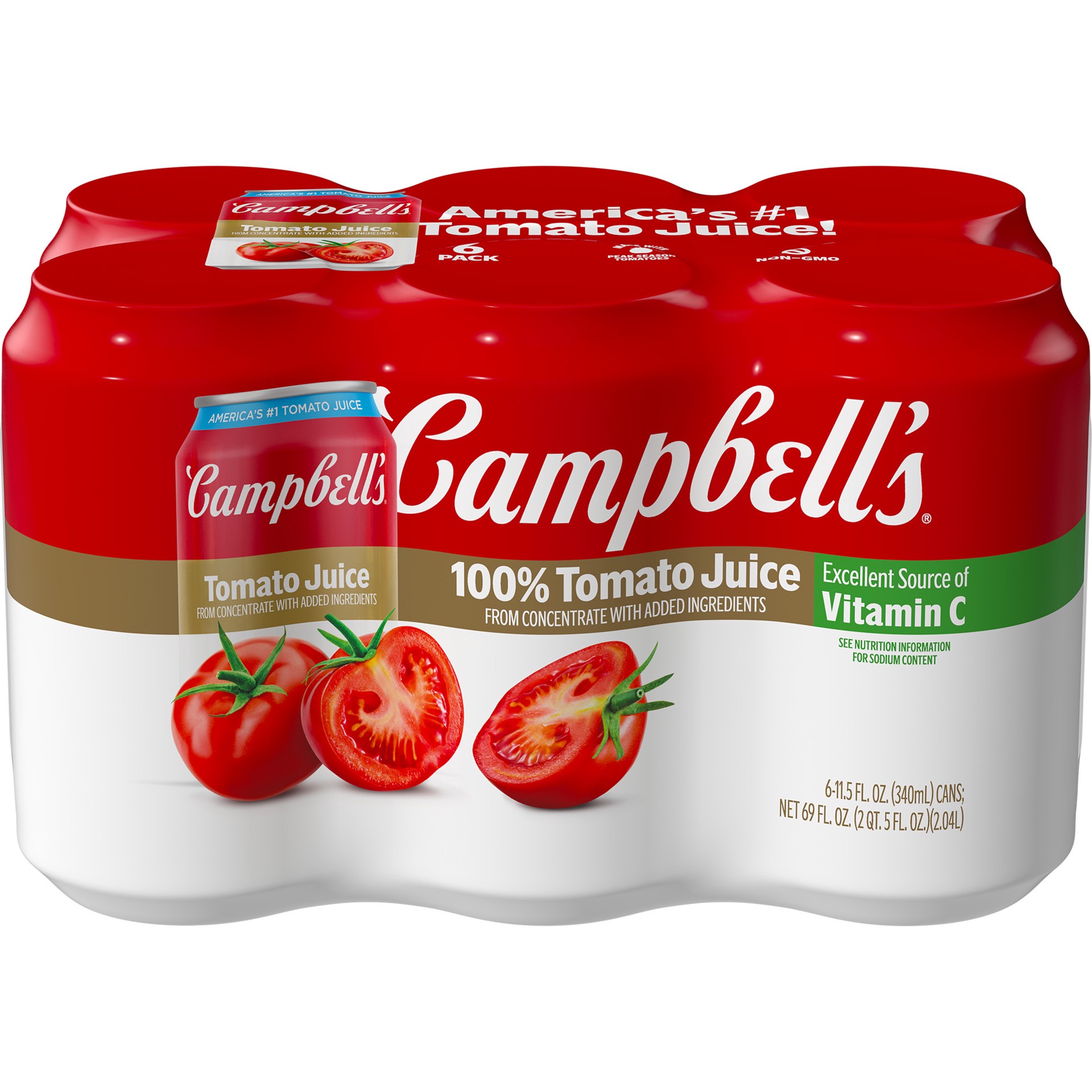 slide 1 of 11, Campbell's 100% Tomato Juice, 6 Pack of 11.5 fl oz Cans, 69 oz