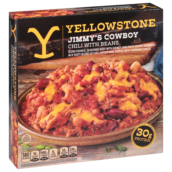 slide 1 of 1, YELLOWSTONE Jimmy’s Cowboy Chili with Beans, Slow-cooked Seasoned Beef, Topped with Cheddar Cheese, 12 oz, 12 oz