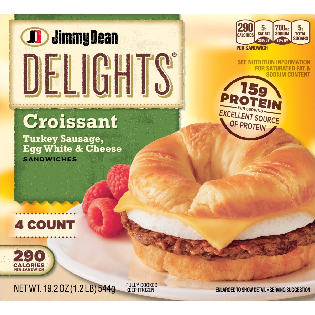 slide 2 of 9, Jimmy Dean Delights Croissant Breakfast Sandwiches with Turkey Sausage, Egg White, and Cheese, Frozen, 4 Count, 544.31 g