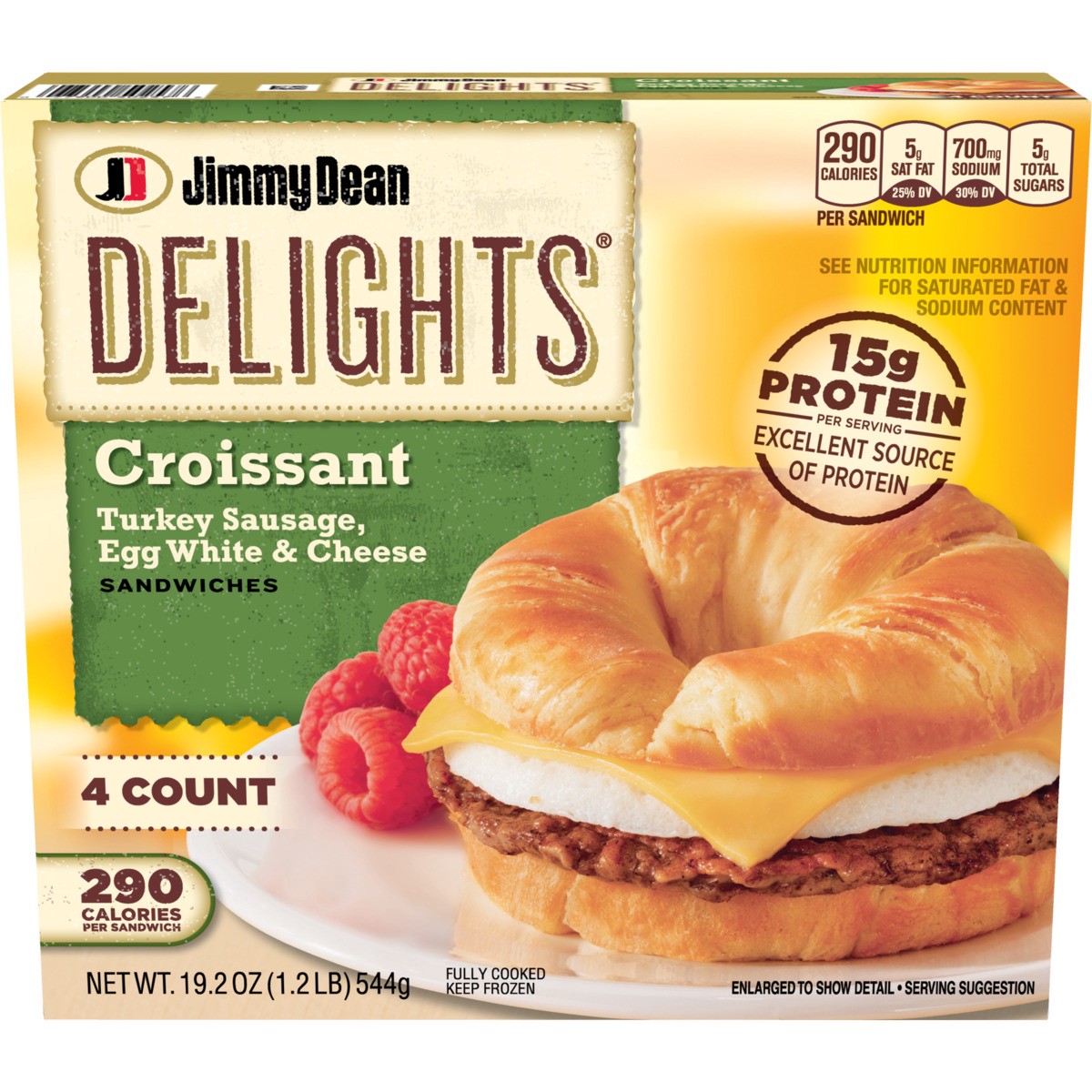 slide 1 of 9, Jimmy Dean Delights Croissant Breakfast Sandwiches with Turkey Sausage, Egg White, and Cheese, Frozen, 4 Count, 544.31 g