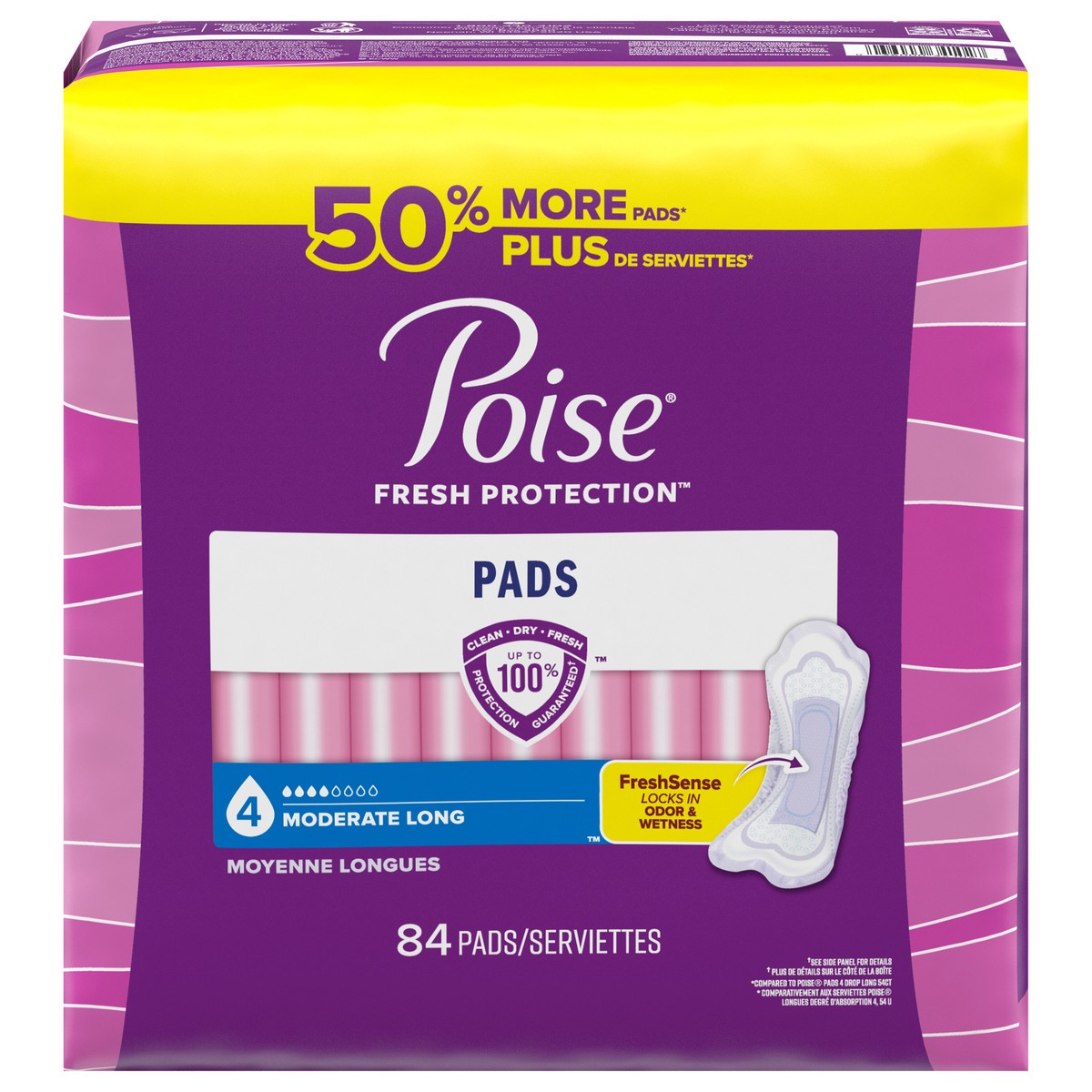 slide 1 of 9, Poise Incontinence Pads & Postpartum Incontinence Pads, 4 Drop Moderate Absorbency, Long Length, 84 Count, 84 ct