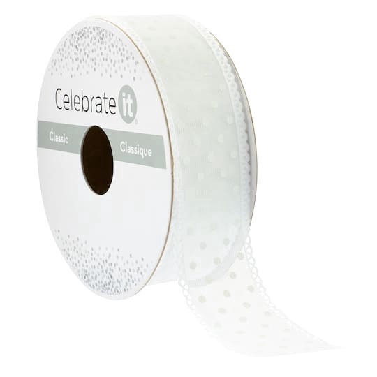 slide 1 of 2, 1" X 5yd. White Sheer Polka Dot Ribbon By Celebrate It Classic, 1 in x 5 yd