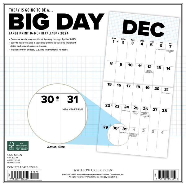 slide 2 of 5, 2024 Willow Creek Press Monthly Wall Calendar, 12"" X 12"", Big Day, January To December 2024, 1 ct