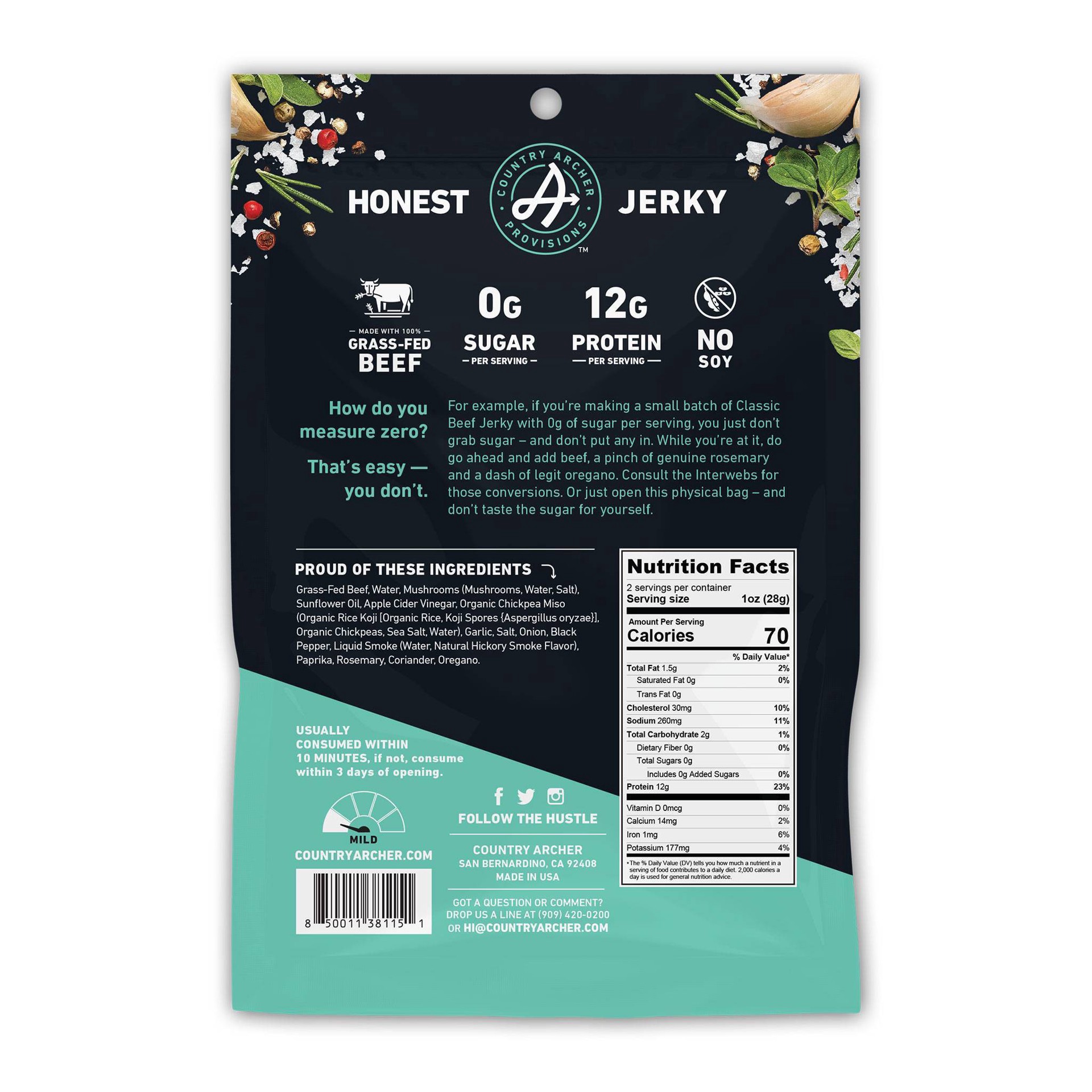 slide 5 of 9, Country Archer Grass-Fed Zero Sugar Classic Beef Jerky 2 oz, 1 ct