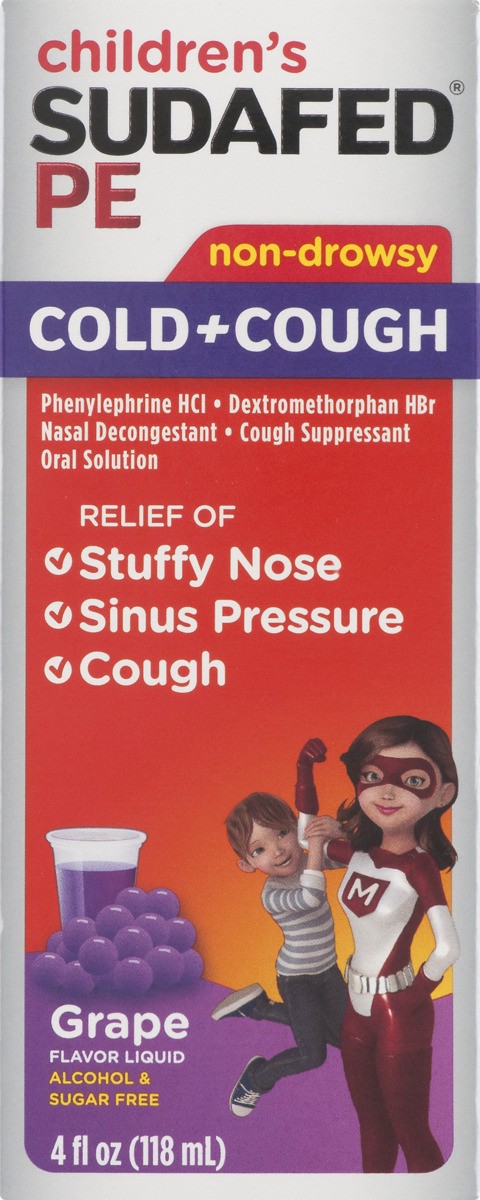 slide 3 of 8, Children's Sudafed PE Cold + Cough Suppressant, Cold Medicine & Nasal Decongestant, Grape Flavor Liquid Cough Relief, 4 fl. oz, 4 fl oz