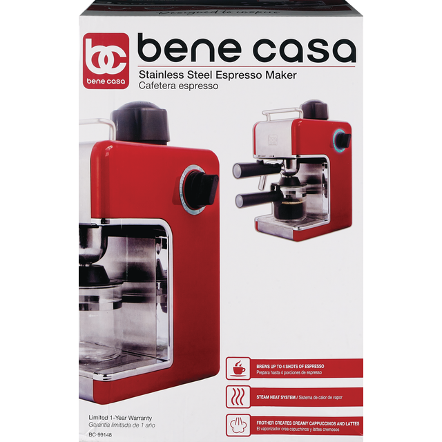 slide 1 of 1, BC Espresso Maker W/Steam Stainless Steel 4-Cup Red #BC99148, 1 ct