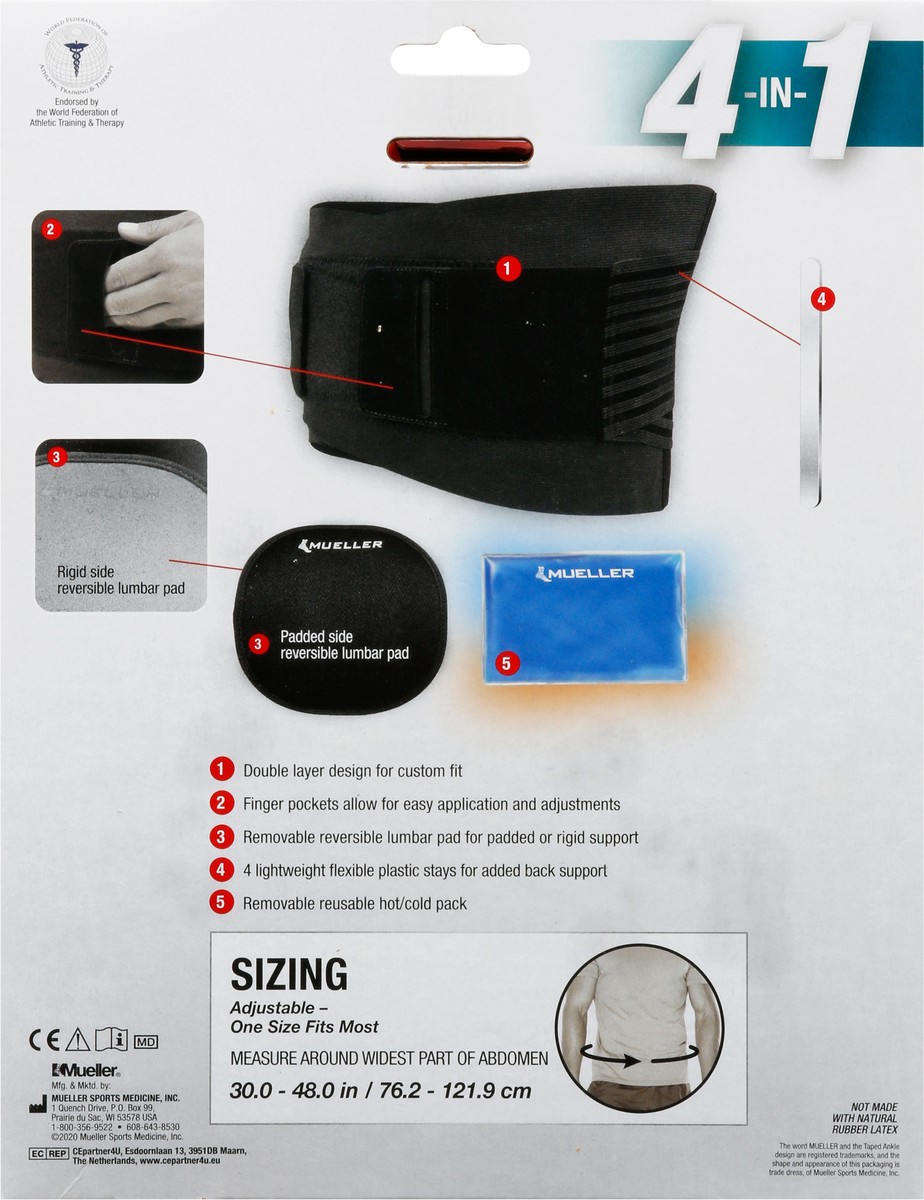 slide 6 of 12, Mueller 4-in-1 Hot/Cold Lumbar Back Brace One Size 1 ea, 1 ct