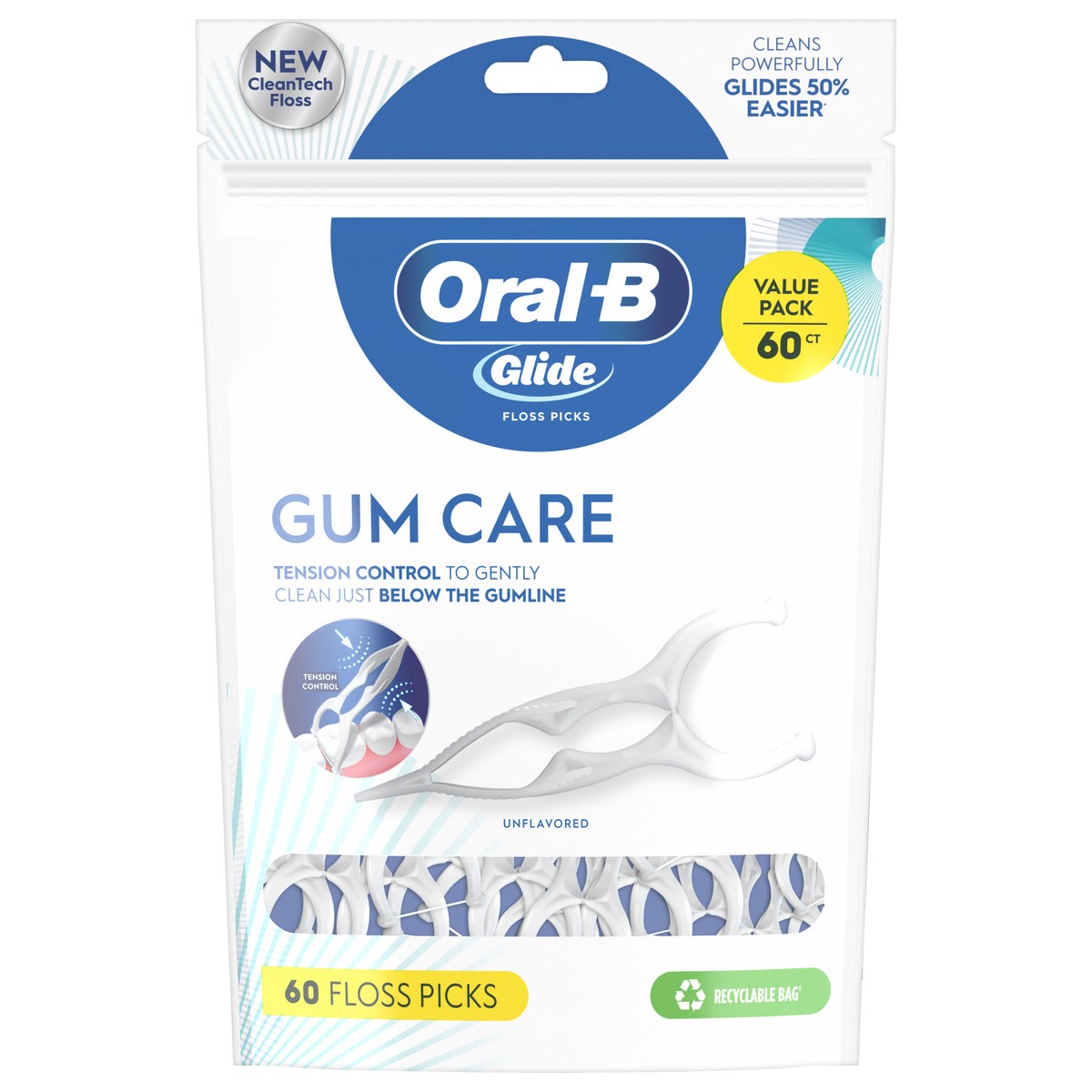 slide 1 of 3, Oral-B Glide Gum Care Dental Floss Picks, Good for Back Teeth, 60 Picks, 60 ct