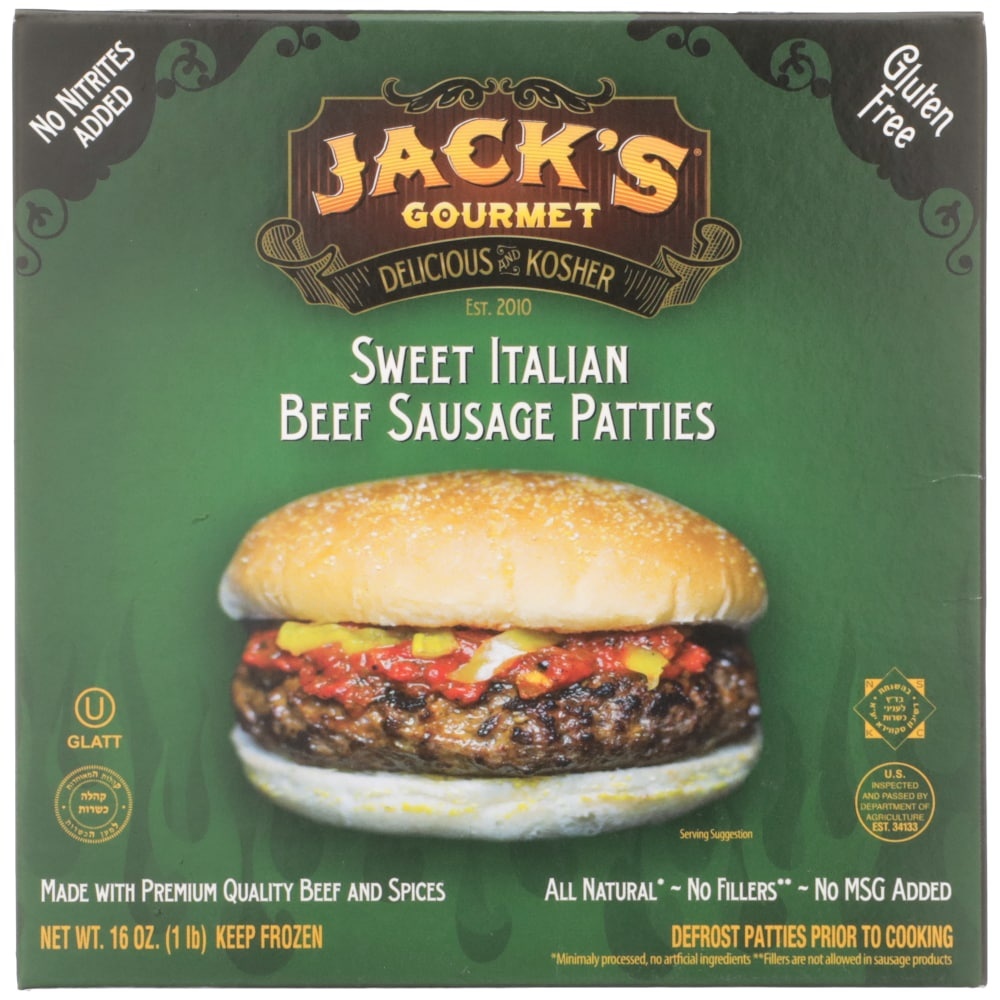 slide 1 of 1, Jack's Gourmet Sweet Italian Beef Sausage Patties, 16 oz