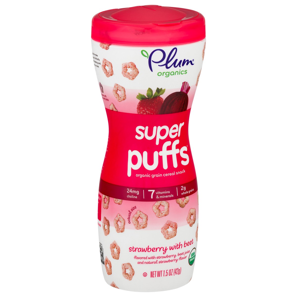 slide 4 of 9, Plum Organics Super Puffs Organic Grain Cereal Snack - Strawberry with Beet - 1.5 oz Canister, 1.5 oz