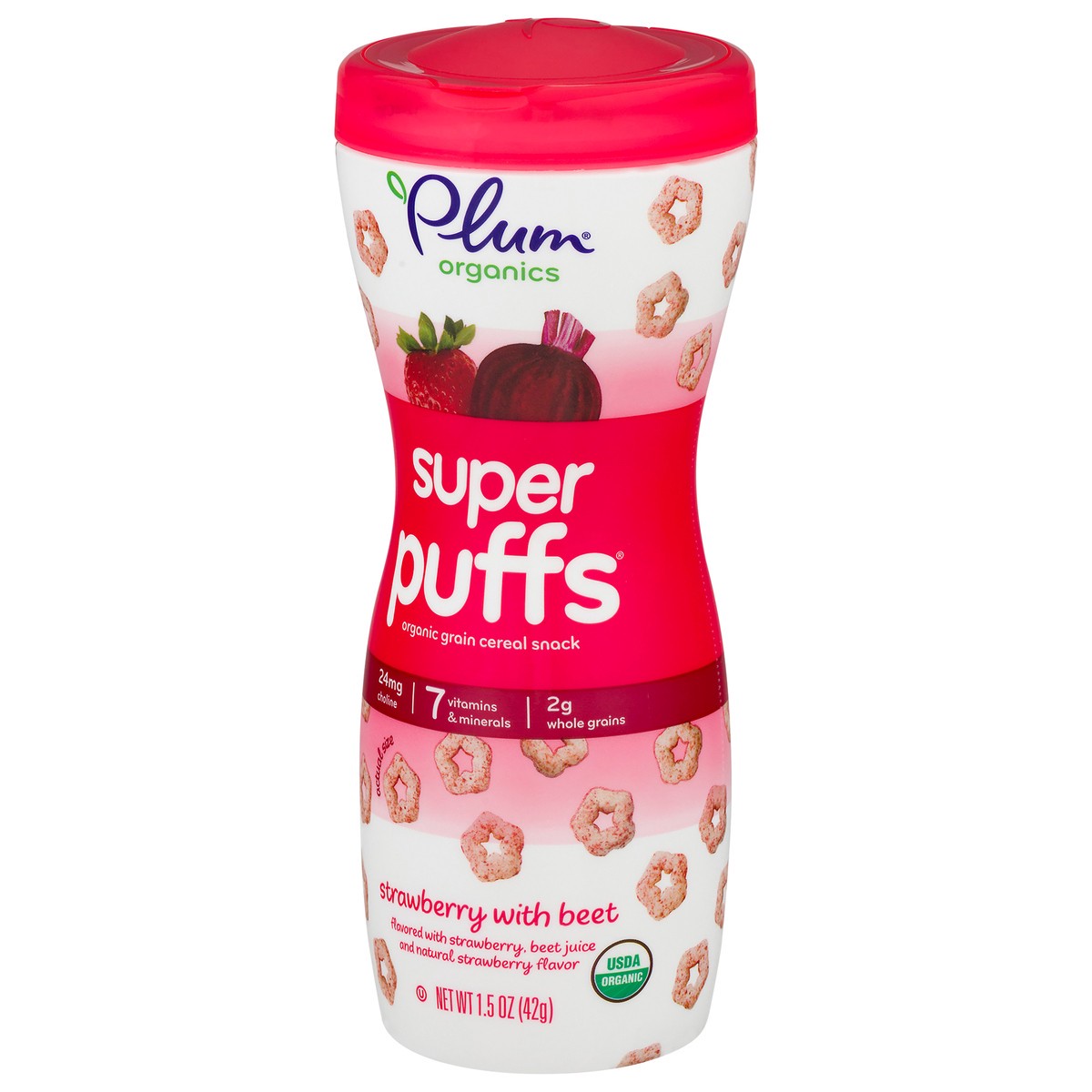 slide 7 of 9, Plum Organics Super Puffs Organic Grain Cereal Snack - Strawberry with Beet - 1.5 oz Canister, 1.5 oz