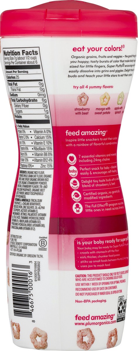 slide 6 of 9, Plum Organics Super Puffs Organic Grain Cereal Snack - Strawberry with Beet - 1.5 oz Canister, 1.5 oz