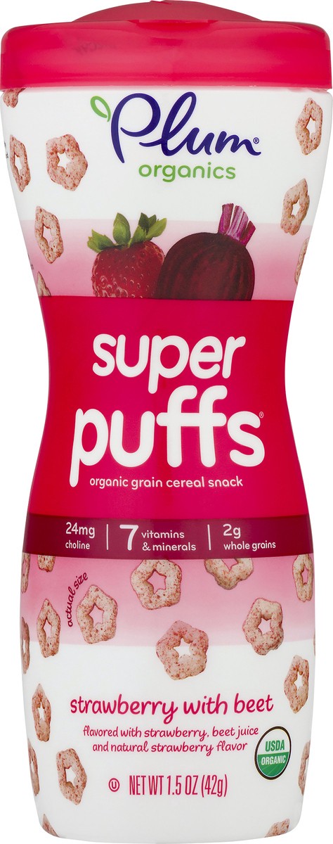 slide 3 of 9, Plum Organics Super Puffs Organic Grain Cereal Snack - Strawberry with Beet - 1.5 oz Canister, 1.5 oz