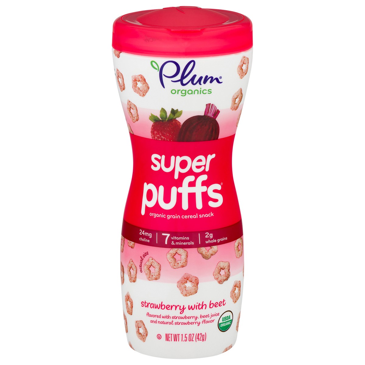 slide 1 of 9, Plum Organics Super Puffs Organic Grain Cereal Snack - Strawberry with Beet - 1.5 oz Canister, 1.5 oz