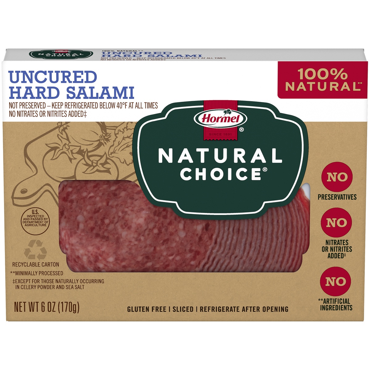 slide 1 of 8, Hormel Natural Choice Uncured Hard Salami 6 oz. Box, 6 oz
