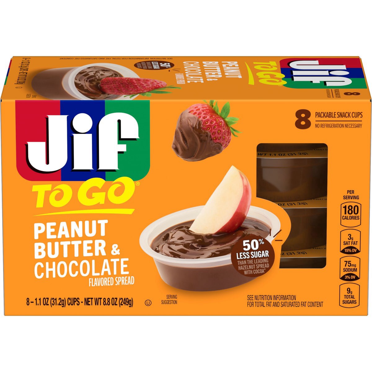 slide 1 of 17, Jif To Go Peanut Butter & Chocolate Flavored Spread, 8 Cups, 1.1 Oz. Each, 8 ct