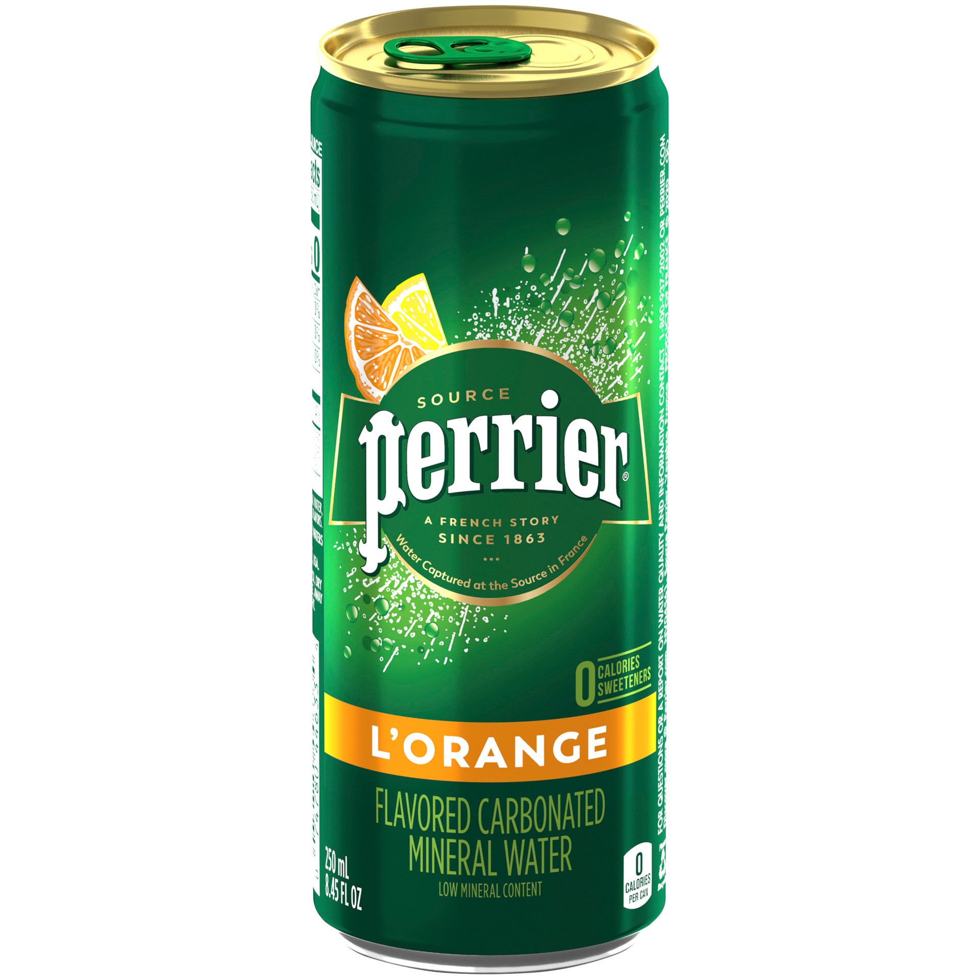 slide 1 of 2, PERRIER L'Orange Flavored Carbonated Mineral Water (Lemon Orange Flavor), 8.45 fl oz. Slim Can, 8.45 oz