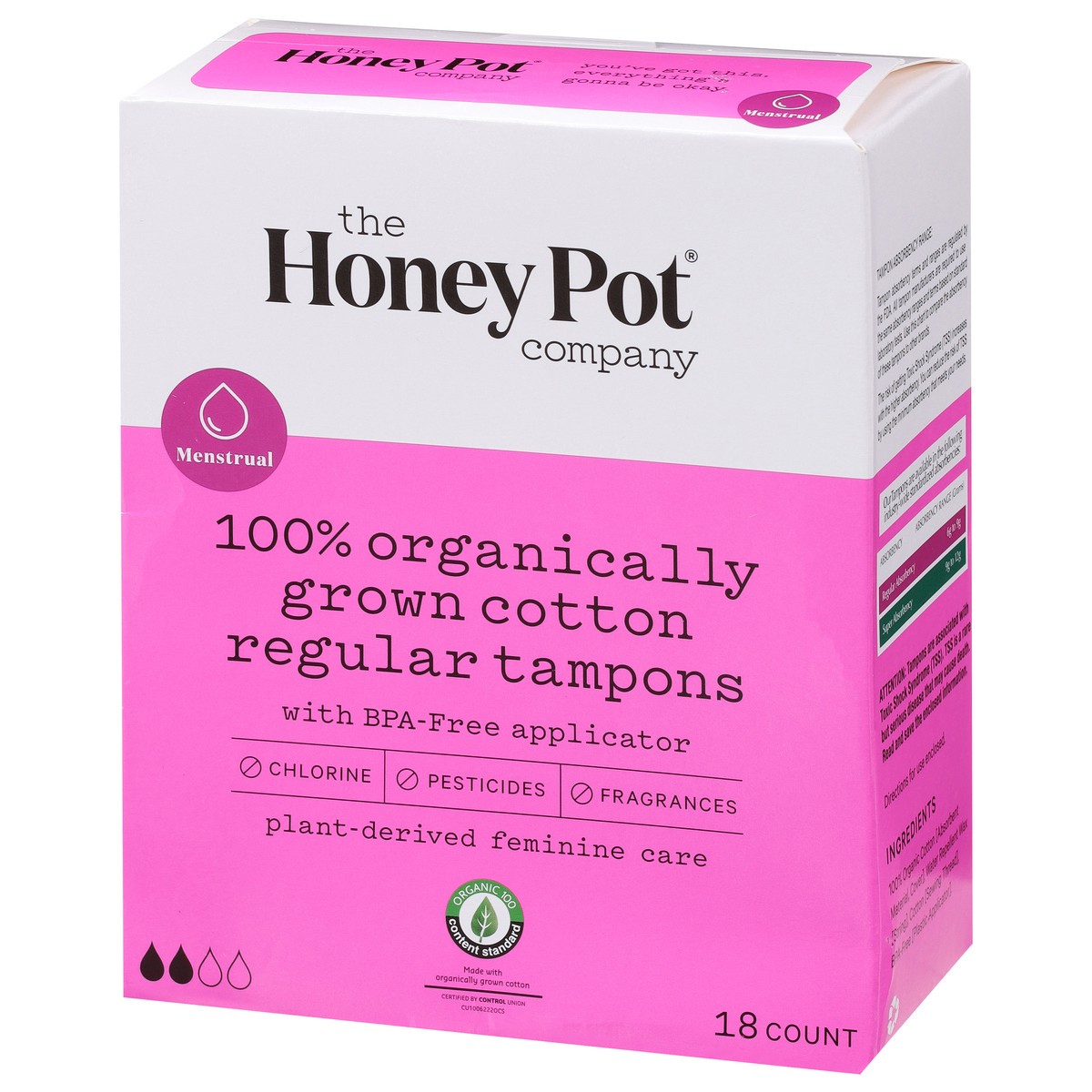 slide 9 of 9, The Honey Pot Company Menstrual Regular 100% Organic Tampons 18 ea, 18 ct