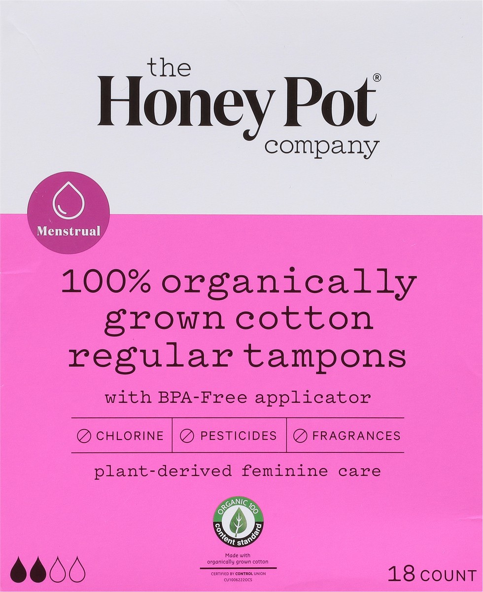 slide 6 of 9, The Honey Pot Company Menstrual Regular 100% Organic Tampons 18 ea, 18 ct