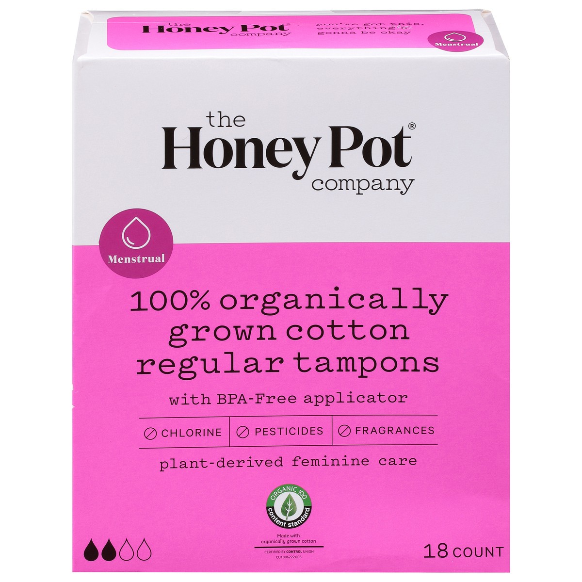 slide 1 of 9, The Honey Pot Company Menstrual Regular 100% Organic Tampons 18 ea, 18 ct