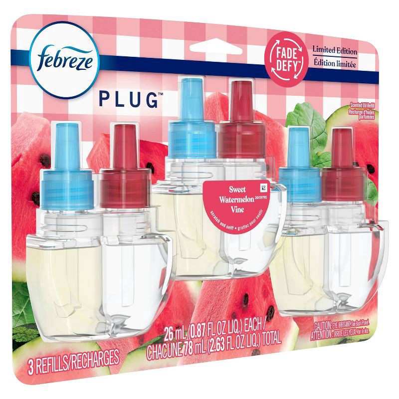 slide 4 of 12, Febreze Plug Triple Refill Air Freshener Sweet Watermelon Vine - 3ct, 3 ct