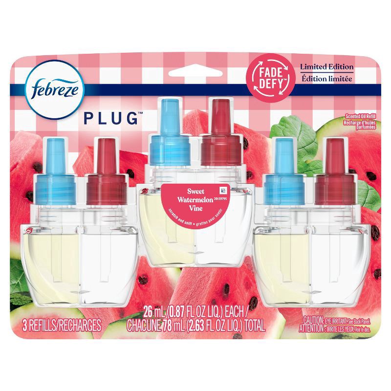 slide 7 of 12, Febreze Plug Triple Refill Air Freshener Sweet Watermelon Vine - 3ct, 3 ct