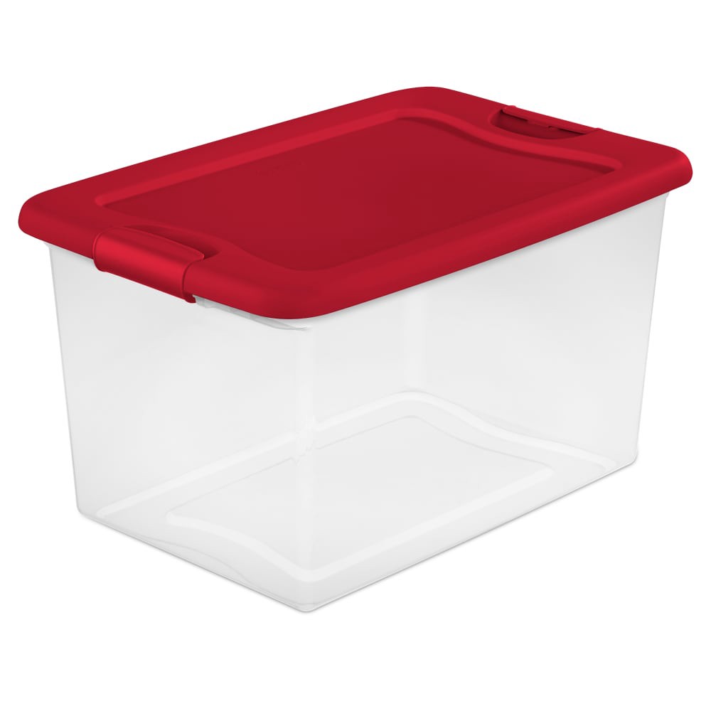 slide 1 of 1, Sterilite Latching Storage Tub - Clear/Red, 64 qt