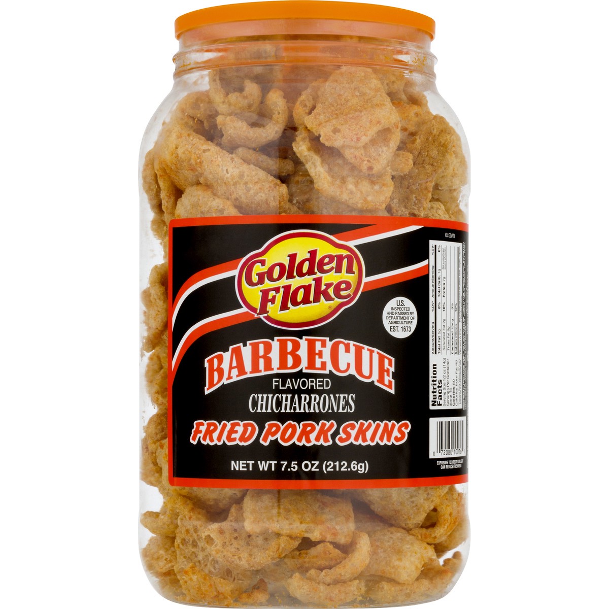 slide 1 of 11, Golden Flake Barbeque Fried Pork Skins Barrel, 7.5 oz