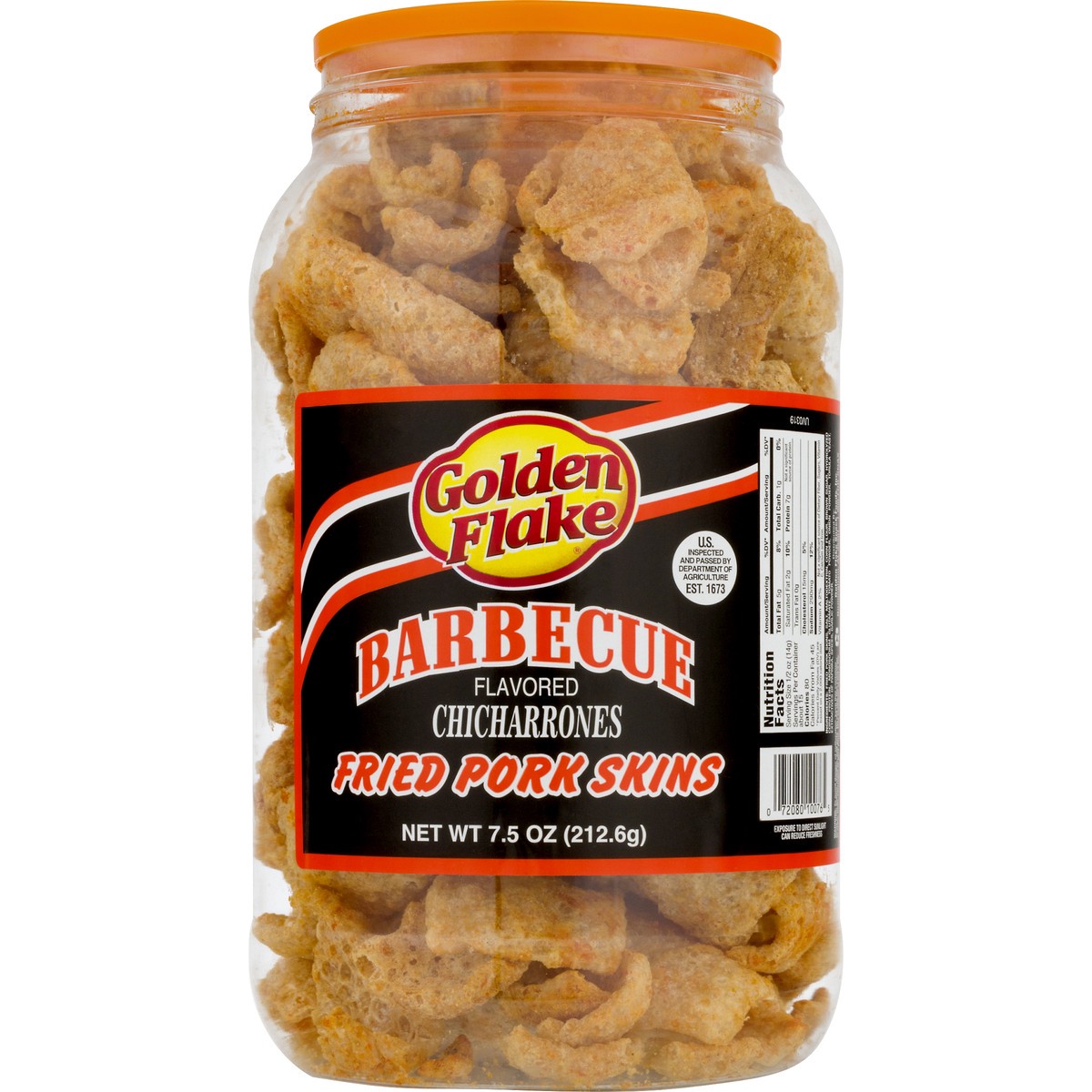 slide 7 of 11, Golden Flake Barbeque Fried Pork Skins Barrel, 7.5 oz