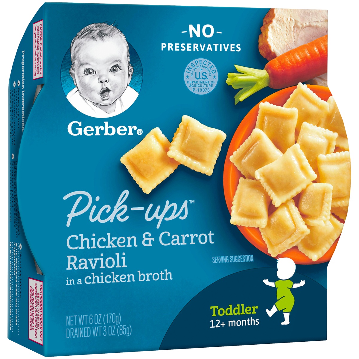 slide 2 of 9, Gerber Pasta Pick-Ups, Chicken and Carrot Ravioli Packed in Chicken Broth Tray, 1 ct
