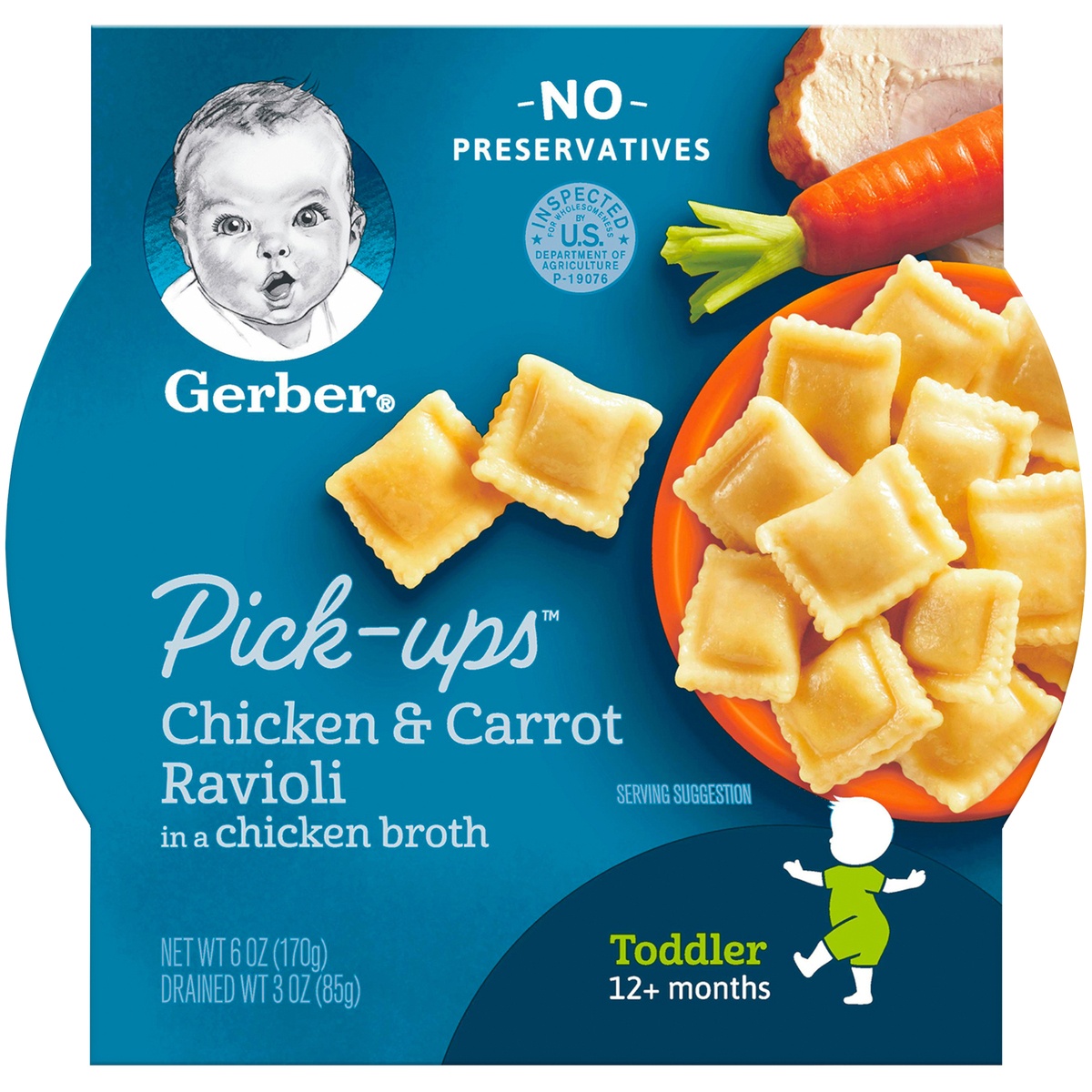 slide 6 of 9, Gerber Pasta Pick-Ups, Chicken and Carrot Ravioli Packed in Chicken Broth Tray, 1 ct