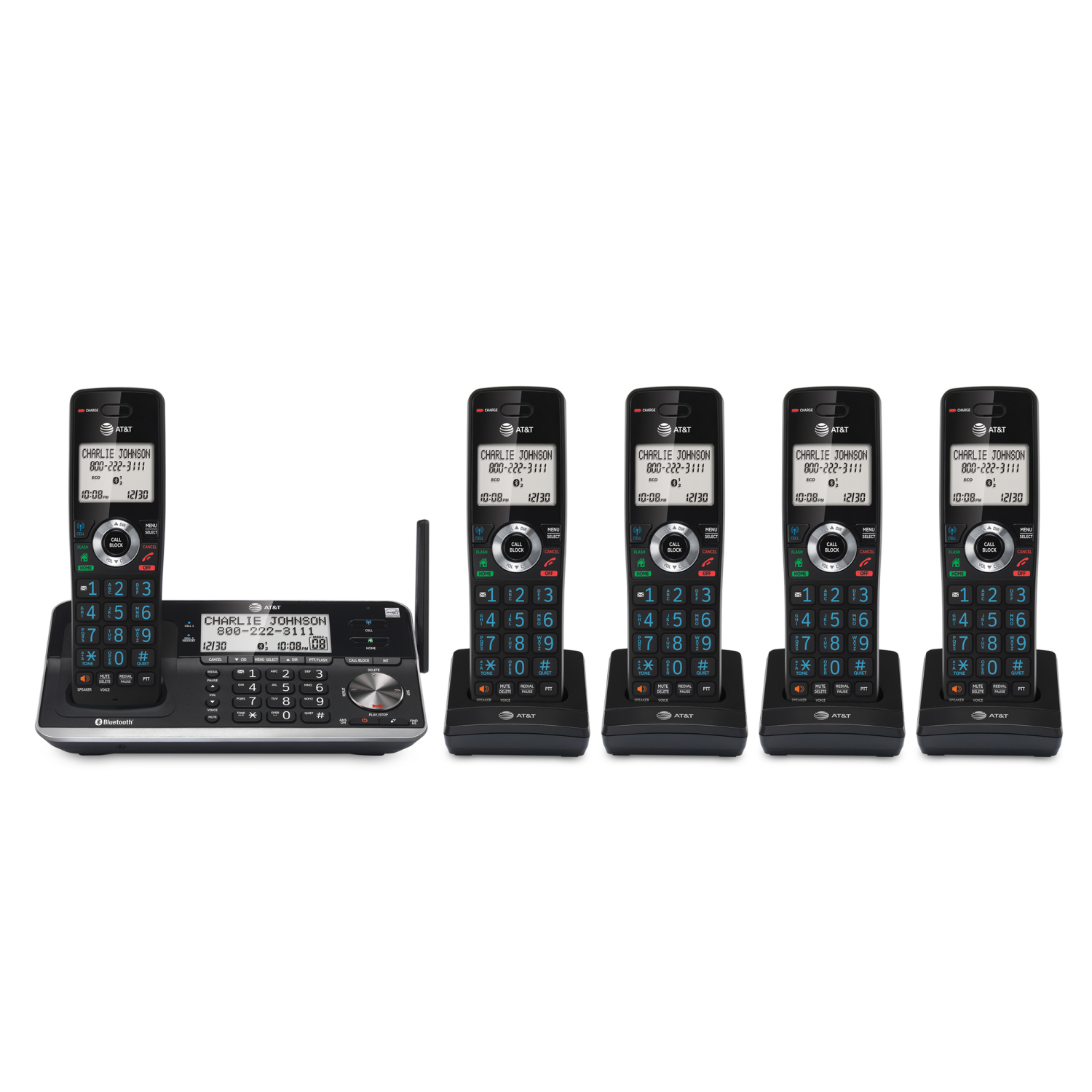 slide 1 of 3, VTech AT&T 5-Handset Cordless Phone with Unsurpassed Range, Bluetooth Connect to Cell, Smart Call Blocker and Answering System, DLP73510 (Black), 1 ct