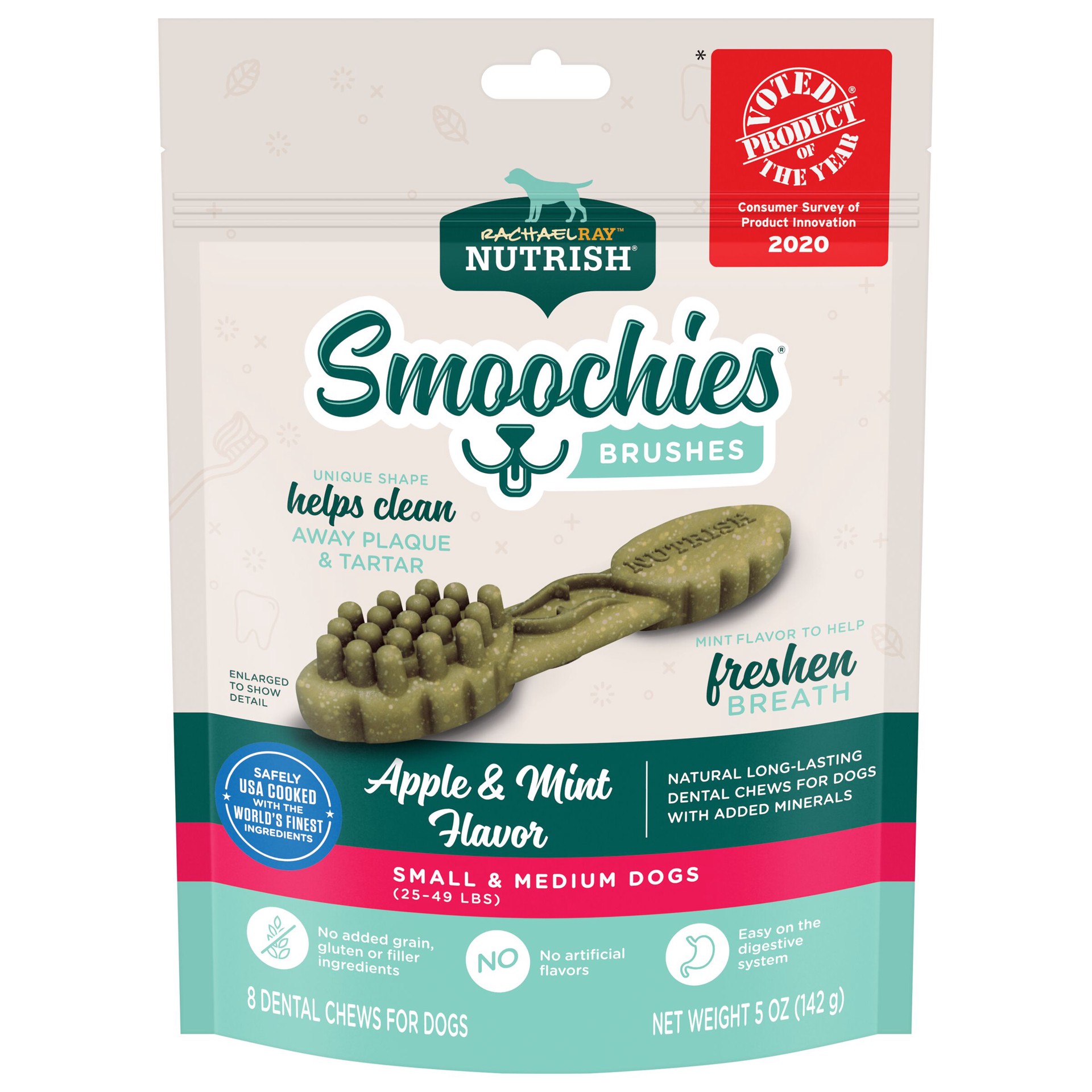 slide 1 of 9, Rachael Ray Nutrish Smoochies Brushes Natural Long-Lasting Dog Dental Chews, Apple & Mint, small/medium size, 5 oz, 8 treats, 5 oz