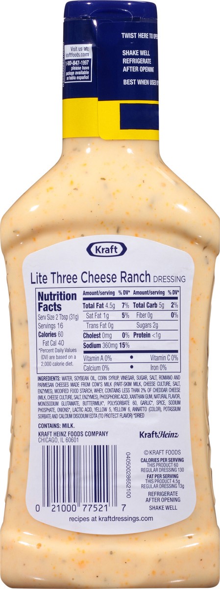 slide 4 of 13, Kraft Three Cheese Ranch Light Dressing 16 Oz Bottle, 16 fl oz