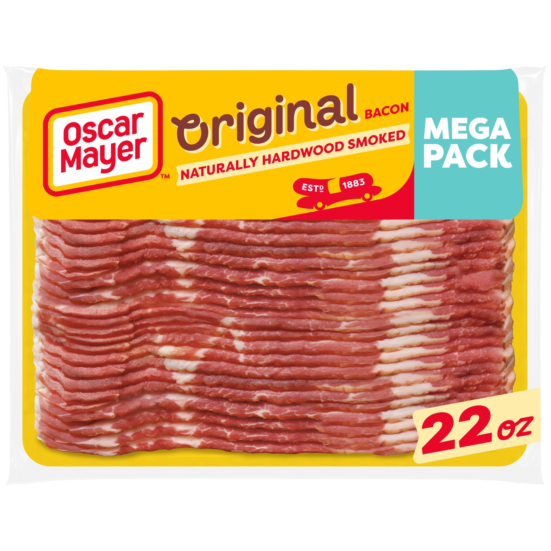 slide 1 of 9, Oscar Mayer Naturally Hardwood Smoked Bacon Mega Pack, 22 oz Pack, 23-25 slices, 22 oz